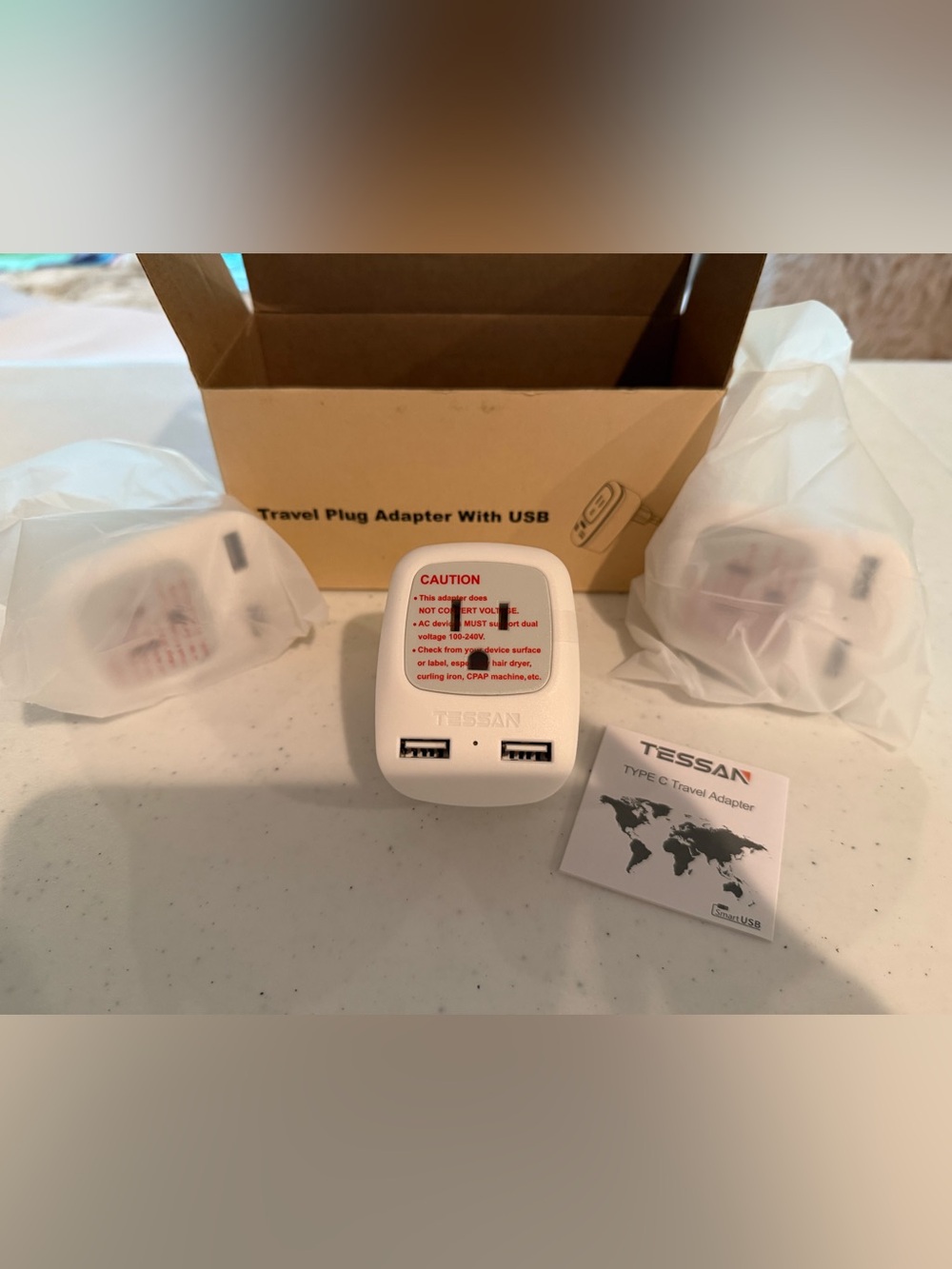 TESSAN Type C European Travel Adapters 3-Pack w/ USB + Box